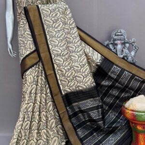 Beige Black Kalamkari Silk Saree