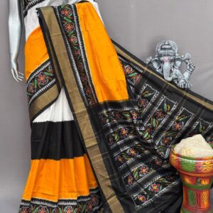 White Orange Black Pochampally Silk Saree