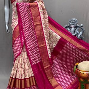 Cream Pink Pochampally Silk Saree