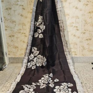 Black White Rose Linen Saree