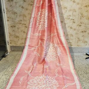 Pink White Floral Linen Saree